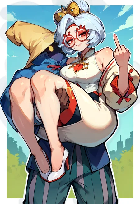 score_9, score_8_up, score_7_up, source_anime, 1boy, 1girl, looking at viewer, princess carry, BREAK <lora:Ziggy-pdxl_Fp:0.8>, ziggy, yellow eyes, shaded face, faceless, no mouth, wizard hat, striped pants, blue cloak, robe, brown gloves, long sleeves, BREAK <lora:purah-pdxl-nvwls-v1:1>, purah, hair ornament, red headband, red glasses, sleeveless shirt, white coat, black skirt, red leggings, high heels, smug, middle finger,
