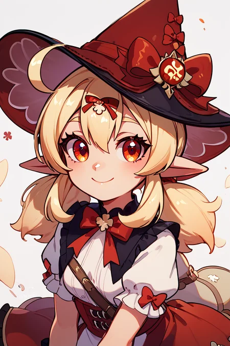 score_9, score_8_up, score_8, medium breasts, (curvy), cute, eyelashes, ,,, , ,,, zzKlee, hair between eyes, red eyes, ahoge, blonde hair, long hair, low twintails, pointy ears, twintails, witch hat, bow, gloves, short sleeves, black gloves, alternate costume, sidelocks, hat bow, <lora:KleeBlossomingStarlight_Genshin_PDXL:1.0>, ,,,, BREAK, <lora:GoldenCAT_Lora_PDXL_v2:0.8>, smile, closed mouth, looking at viewer, cowboy shot, ,,, embedding:zPDXL, Expressiveh, ,,, <lora:Expressive_H-000001:0.4>,
