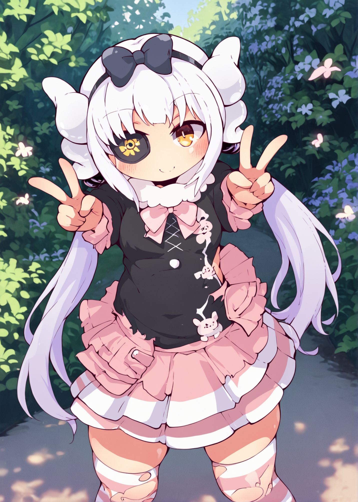 best quality,score_9,score_8_up,score_7_up,score_6_up,rating_explicit,source_anime,original_art (high quality,detailed,beautiful) BREAK,breasts, 1girl, solo, torn clothes, kanna kamui,thighhighs, twintails, hat, white hair, striped, torn thighhighs, smile, eyepatch, looking at viewer, brown eyes, striped thighhighs, long hair, blush, standing, small breasts, skirt, black top, shinsou <lora:shinsou-000055:1>, v, double v