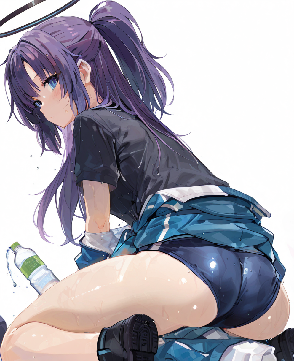 <lora:miyakawa106:1> miyakawa106,
(masterpiece), (best quality), (ultra-detailed), amazing quality, very aesthetic, illustration, perfect composition, intricate details, absurdres, incredibly absurdres, shiny skin, realistic,
 miyakawa106, 1girl, halo, buruma, solo, jacket, shirt, bottle, ass, blue buruma, water bottle, black shirt, long hair, looking at viewer, blue jacket, sweat, blush, white background, , purple hair, official alternate costume, black footwear, blue eyes, short sleeves, track jacket, clothes around waist, mechanical halo, simple background,  bottle, jacket around waist, shoes, looking back, from behind, sitting, gym uniform, ponytail, thighs, sensitive