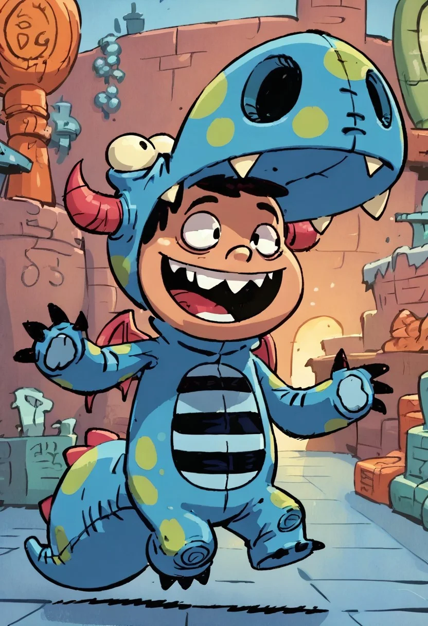 (score_9 | score_8_up | score_7_up) ((masterpiece:1))(best quality,very high quality,ultra detailed:1.2) (2D,cartoon style,anime style)(Smooth:2)(clean blurring) (four fingers on each hand,one thumb on each hand:1), wearing a dragon costume, Cj Casagrande, Solo, 1boy, portly, stocky, black scruffy hair, happy