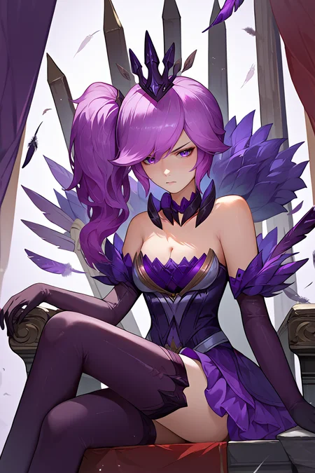 score_9, score_8_up, score_7_up, score_6_up, source_anime, 1girl, solo,  <lora:lux-pdxl-nvwls-v1-000005:1> drkLux, purple hair, purple eyes, side ponytail, crown, detached collar, feather trim, purple ballgown, cleavage, black gloves, purple thighhighs, sitting, throne, masonry, looking at you, annoyed