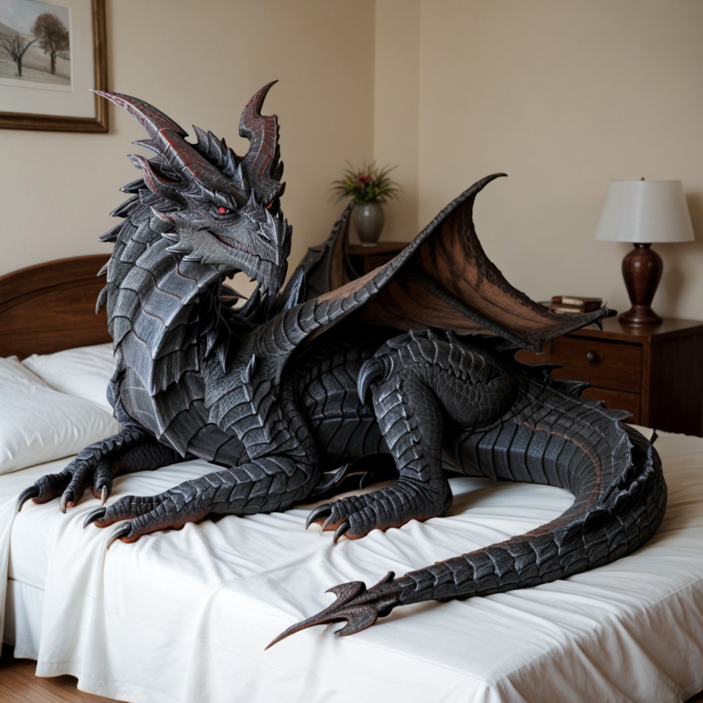 score_9, score_8_up, score_7_up, score_6_up, masterpiece, high quality, realistic, detailed, best quality, solo, rating_safe, source_furry, bedroom, smiling, seductive, looking at viewer, on bed, negative_hand, full body, alduin_skyrim, dragon, black scales, wings, horns, tail, male, 1boy, red sclera, red eyes, wyvern, (no hands, no claws, full body), feral