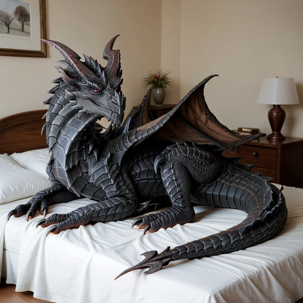 score_9, score_8_up, score_7_up, score_6_up, masterpiece, high quality, realistic, detailed, best quality, solo, rating_safe, source_furry, bedroom, smiling, seductive, looking at viewer, on bed, negative_hand, full body, alduin_skyrim, dragon, black scales, wings, horns, tail, male, 1boy, red sclera, red eyes, wyvern, (no hands, no claws, full body), feral