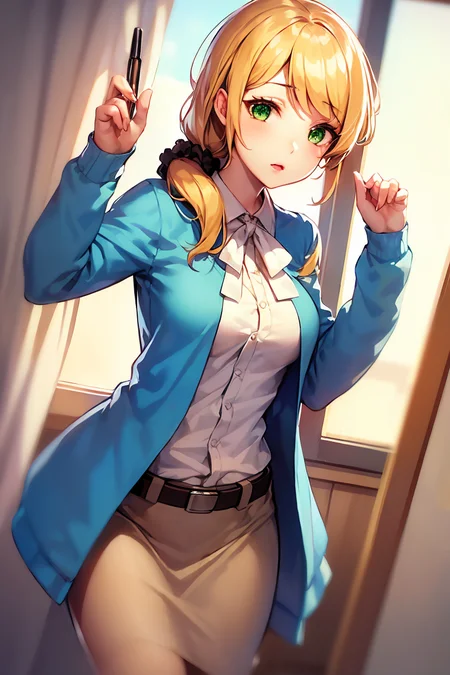 (masterpiece, best quality), 1girl,  <lora:ellenbaker-lora-nochekaiser:1> ellen baker, blonde hair, (green eyes:1.5), long hair, ponytail, scrunchie, shirt, white shirt, collared shirt, cardigan, blue cardigan, belt, skirt, brown skirt, pencil skirt,