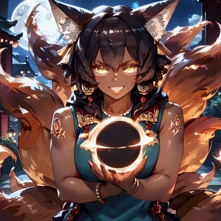 (score_9), score_8_up, score_7_up, 
anime
1girl, full body, mature woman, milf, detailed
(dark brown skin, beautiful, black hair, curly hair (large round afro: 1.4), (((Kitsune)), Fox ears, ((fox tail)), large tail, (nine tails), (multiple tails), saddle brown tails:1.2, black fur tips: 1.6), (yellow eyes, slit pupils: 1.4), (glowing eyes: 0.8), eyesHD, high gradient eyes, high definition eyes, detailed eyes, teeth with fangs, black claws, 
tattoo, hood, jewelry, bracelet, sleeveless, hoodie, 
(gigantic breasts, round breasts, huge ass, sexy, thick thighs), top heavy, black lipstick, silver jewelry, evil grin, sexy, (black hole in hand), holding black hole, handfixer, 
blue flames
Alleyway, night, event horizon, gravitational lensing