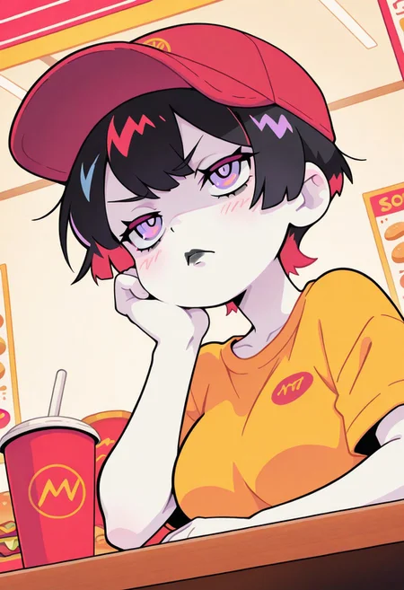score_9, score_8_up, score_8, pastel colors, highly detailed, masterpiece, source_anime, cinematic light, (cute:1.2), (adorable:1.2), best quality, amazing quality, studio anime, official style, masterpiece, anime screencap, anime style, dynamic composition, dynamic angle, dramatic lighting, very awa, rich and vibrant colors, extremely detailed, dramatic_lighting, 1girl, solo, Dynamic Angle, Dynamic Composition, Maximum Contrast, Saturated Color, Bright Colors, Dynamic Lighting, Medium Shot, Short Haircut, Pixie Cut, Black Hair, Red Highlights, Pale Skin, Beautiful Face, Detailed Face, Serious Eyes, Purple Eyes, Expressive Face, Blushing, Black Lips, Thick Upper Lip, inside a fast food restaurant, annoyed, sitting at a table, leaning on the table, serious, half-length, yellow t-shirt, red cap, fast food employee, frustrated, looking straight ahead, hand resting on her cheek, elbow resting on the table,