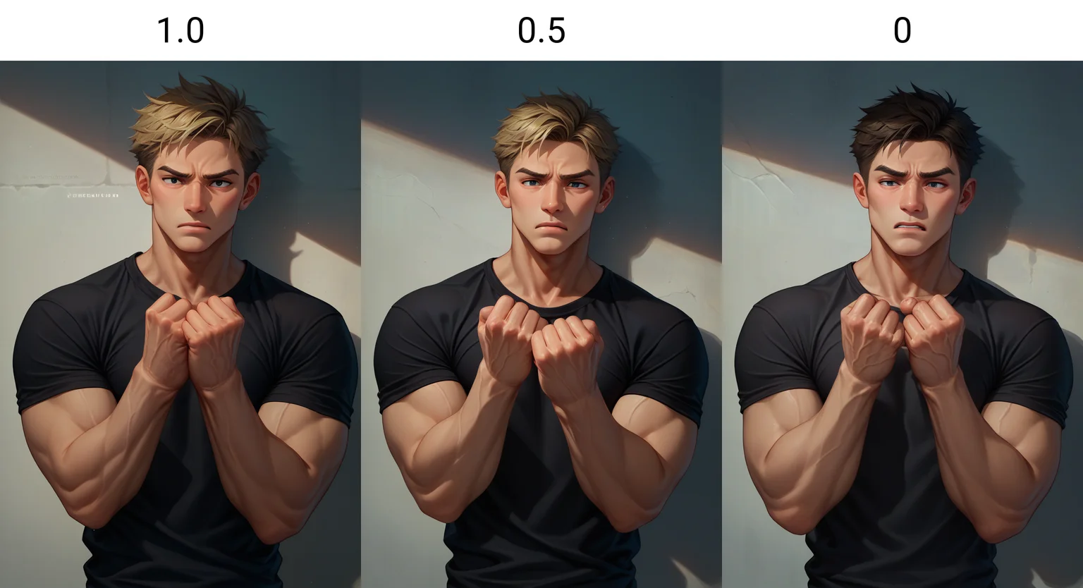 score_9, score_8_up, score_7_up, handfixer, <lora:HandFixer_pdxl_Incrs_v1:1.0>, 1boy, upper body, shirt, solo, hands up, clenched hands,