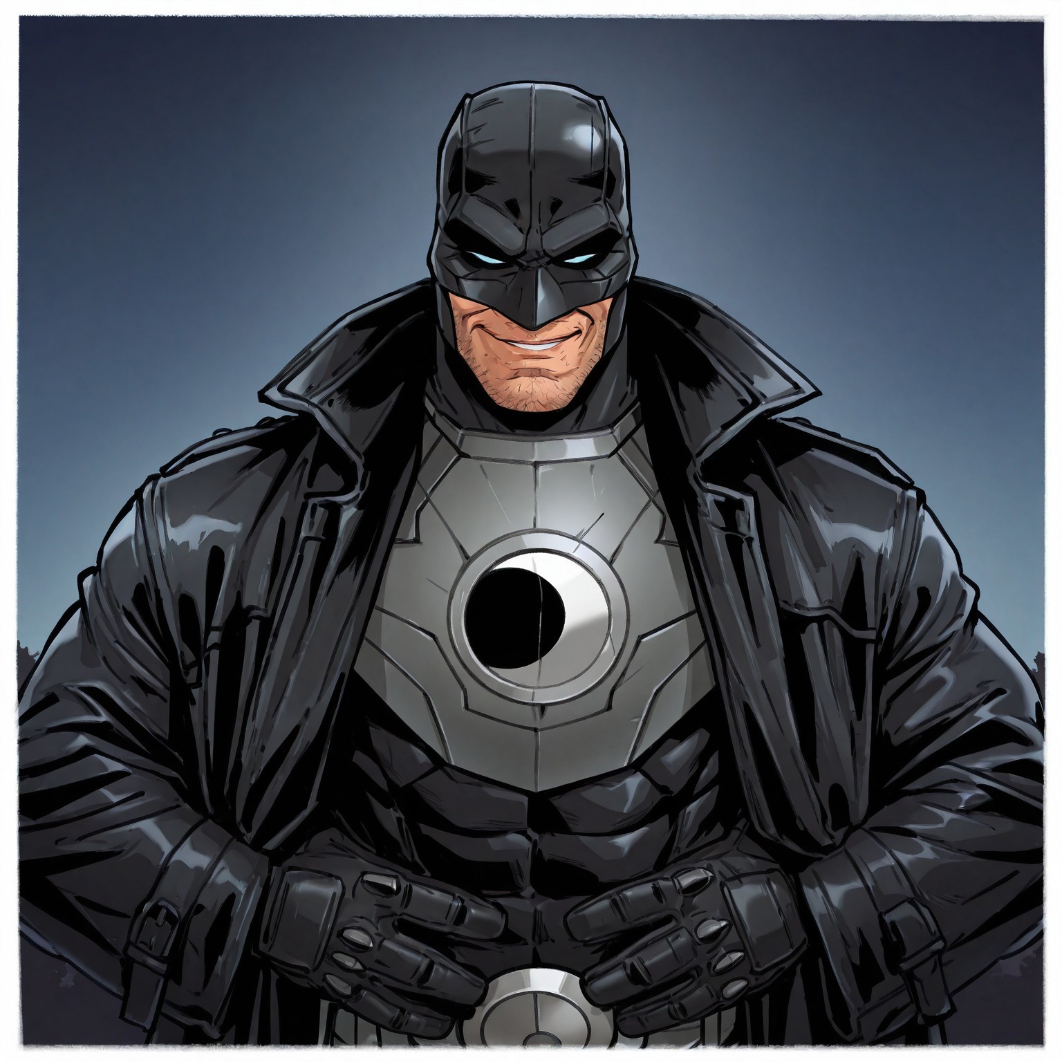masterpiece, best quality, newest, absurdres, highres, Diz_D00dz, white borders around characters, soft light, BREAK bara, muscular, 1man, male focus, male, male focus, 1boy, Midnight0, white sclera, black mask, stubble on face, mouth, {{beefy}}, {{muscular}}, {{large}}, looked at the viewer, close up to face, night, black coat, mouth, hands on the waist, smirk