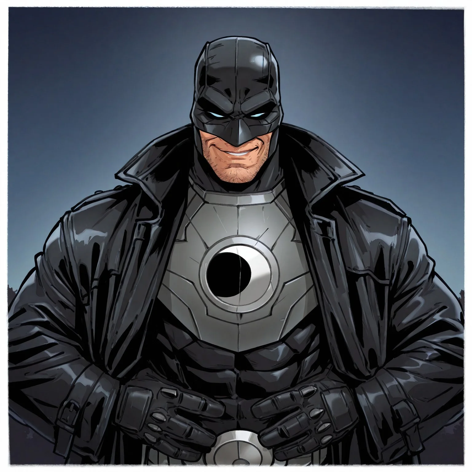 masterpiece, best quality, newest, absurdres, highres, Diz_D00dz, white borders around characters, soft light, BREAK bara, muscular, 1man, male focus, male, male focus, 1boy, Midnight0, white sclera, black mask, stubble on face, mouth, {{beefy}}, {{muscular}}, {{large}}, looked at the viewer, close up to face, night, black coat, mouth, hands on the waist, smirk