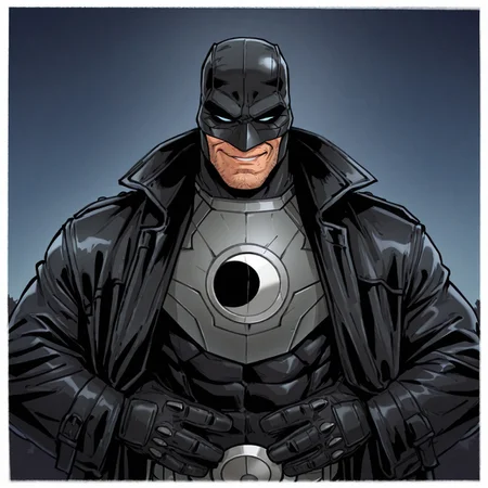 masterpiece, best quality, newest, absurdres, highres, Diz_D00dz, white borders around characters, soft light, BREAK bara, muscular, 1man, male focus, male, male focus, 1boy, Midnight0, white sclera, black mask, stubble on face, mouth, {{beefy}}, {{muscular}}, {{large}}, looked at the viewer, close up to face, night, black coat, mouth, hands on the waist, smirk
