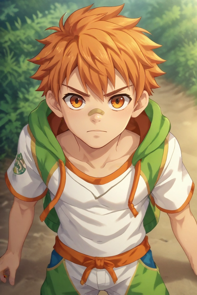 score_9, score_8_up, score_7_up, , rating_safe, , anime screencap, anime coloring, official style, , depth of field, 1boy, solo, male focus, <lora:jirou_camp_buddy_pony:0.92>, jirou_camp_buddy, orange hair, orange eyes, bandaid on nose, , , <lora:sdxl_lightning_8step_lora:1>