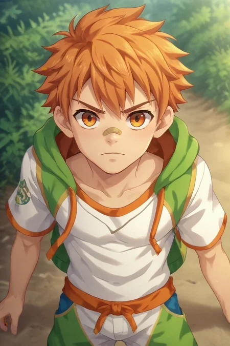 score_9, score_8_up, score_7_up, , rating_safe, , anime screencap, anime coloring, official style, , depth of field, 1boy, solo, male focus, <lora:jirou_camp_buddy_pony:0.92>, jirou_camp_buddy, orange hair, orange eyes, bandaid on nose, , , <lora:sdxl_lightning_8step_lora:1>