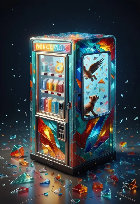 glass shard, pony, score_9, score_8_up, mischievous raccoon covered in cracked mirror patterns, tail trailing sharp light shards, sitting atop a broken stained-glass vending machine, neon shards flying mid-air, whimsical chaos, SDXL, masterpiece