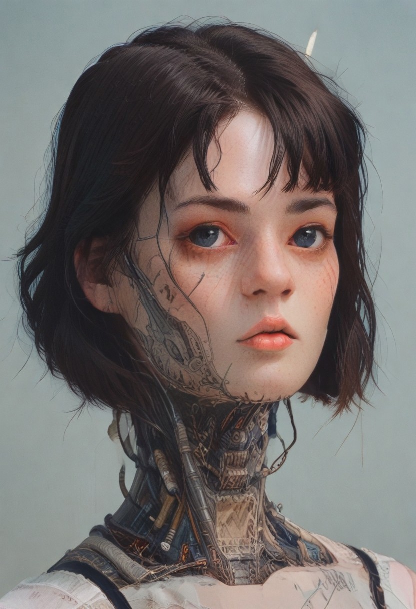 score_9,score_8_up,score_7_up,score_6_up,score_5_up,score_4_up,1 girl,solo,female focus,looking at the spectator,(Heart-shaped face, dark blue eyes, plump lips, short bob-cut dark brown hair, 5'6", 125 lbs, medium breasts, narrow waist, slender figure, a star tattoo on the ankle, pale skin, angular jawline, and slightly upturned nose.:1.3),(A gold lace bra paired with a black puffy mini skirt, and finished with bold gold high heels on a platform, featuring exquisite lace designs and a skirt made of rich velvet fabric, providing a luxurious and captivating look.:1.3),(plain contrasting background:1.3),(full-length:1.5),hands,Perfect hand,Perfect feet,Perfect eyes,cyb0rg,science fiction,cable,mechanical parts,<lora:feet v3:1>,<lora:hand 4:1>,<lora:PerfectEyesXL:1>,zPDXL2,zPDXLpg,<lora:cyb0rgXLP:0.8>,<lora:add-detail-xl:1>,<lora:DP-Pony:1>,p33rs,<lora:incase-ilff-v3-4:0.2>,