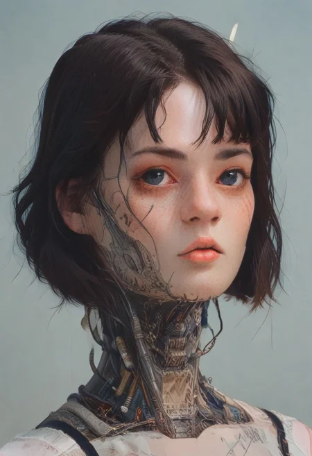 score_9,score_8_up,score_7_up,score_6_up,score_5_up,score_4_up,1 girl,solo,female focus,looking at the spectator,(Heart-shaped face, dark blue eyes, plump lips, short bob-cut dark brown hair, 5'6", 125 lbs, medium breasts, narrow waist, slender figure, a star tattoo on the ankle, pale skin, angular jawline, and slightly upturned nose.:1.3),(A gold lace bra paired with a black puffy mini skirt, and finished with bold gold high heels on a platform, featuring exquisite lace designs and a skirt made of rich velvet fabric, providing a luxurious and captivating look.:1.3),(plain contrasting background:1.3),(full-length:1.5),hands,Perfect hand,Perfect feet,Perfect eyes,cyb0rg,science fiction,cable,mechanical parts,<lora:feet v3:1>,<lora:hand 4:1>,<lora:PerfectEyesXL:1>,zPDXL2,zPDXLpg,<lora:cyb0rgXLP:0.8>,<lora:add-detail-xl:1>,<lora:DP-Pony:1>,p33rs,<lora:incase-ilff-v3-4:0.2>,