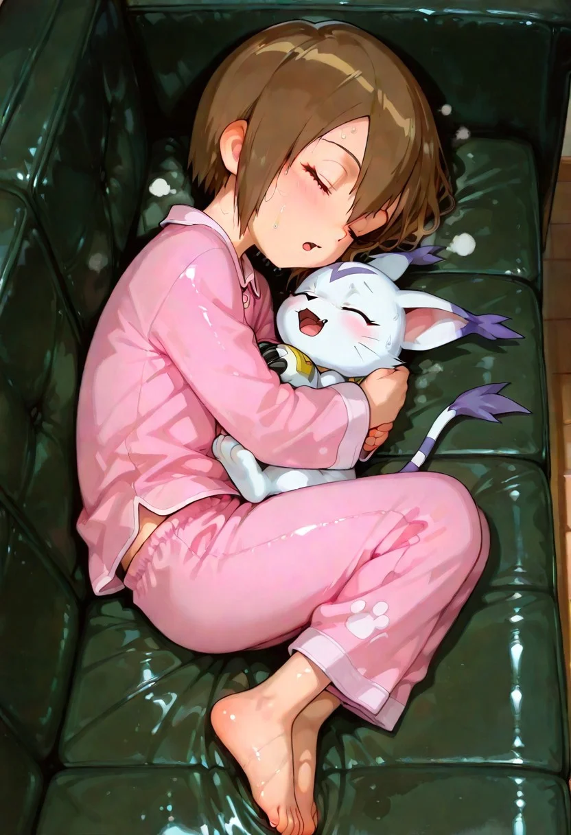 artist:moriimee, 748cmstyle. {{amazing quality, best quality, high quality, very aesthetic}}, {1girl, solo, full body view}, {{hikari yagami, digimon adventure, brown hair, short hair, closed eyes, young, pink pajamas, pajama pants, open mouth, snoring}, {flat chest}, {smaller animal, young human}}, {{1cat, gatomon, white fur}, {smaller animal}}, {{{deep skin, shiny skin, steam, sweat}}, {{age difference, bodily fluids, human with animal, interspecies, size difference}}}, sleeping, holding, holding animal, hugging, animal lying on human, snoring, lying on back, on couch, side view,
