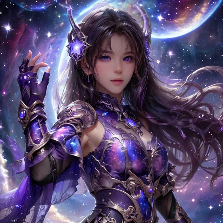 masterpiece,high resolution,8k,
<lora:celestial_warriorXL:0.8>,celestialwarrior, overalldetail,facedetail,eye detail,
1girl, solo, long hair, sky, gloves,purple theme,universe backround,,sleeves