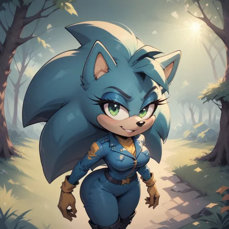 score_9, score_8, BREAK, solo, (master piece), blue-green hair, hedgehog, Lucia The Hedgehog, furry, female, thicc, mobian, green eyes, flat colors, (blue pants, black boots, blue jacket, yellow fastener, fringe), make up, sexy pose, self portrait, smile, looking at viewer, outdoors, sunlight, shadows, evening lighting, natural lighting, forest, trees, grass, orange sky, sunset