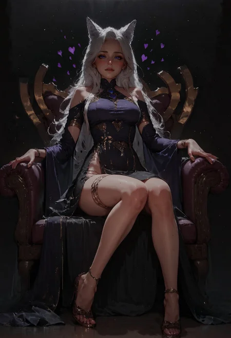 score_9, score_8_up, score_7_up,  realistic, 1girl, (solo:1.1), woman, wolf girl, golden bands, blushing, black hearts, cowboy shot, white hair, blush, black theme, full body, high heels, black skirt, on leg on top of chair  <lora:pony/twilight_style:0.8> <lora:pony/expressiveh:0.8> expressiveh <lora:sdxl/princess_xl_v2:0.7> <lora:sdxl/sinfully_stylish_sdxl>