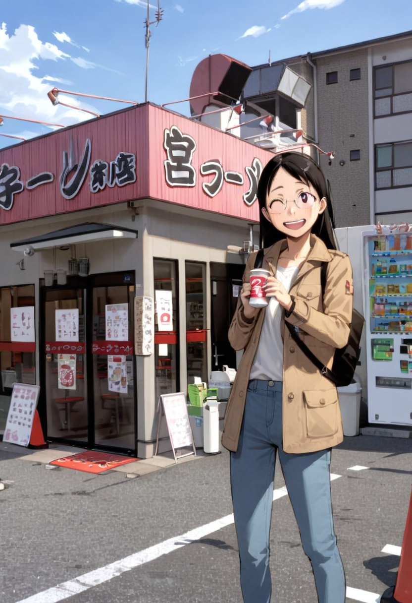 masterpiece, best quality, very aesthetic, absurdres,
1girl, solo, glasses, black hair, long hair, field jacket, jeans, black bag, smile, laughing, looking at viewer, solo focus,
miyakko, scenery, storefront, japan, outdoors, scenery, sky, cloud, power lines, utility pole, building, road, traffic cone, day, vending machine, sign, street, cloudy sky, shop
 <lora:miyakko_storefront_SDXL_V2:1> <lora:col_xl:0.6>