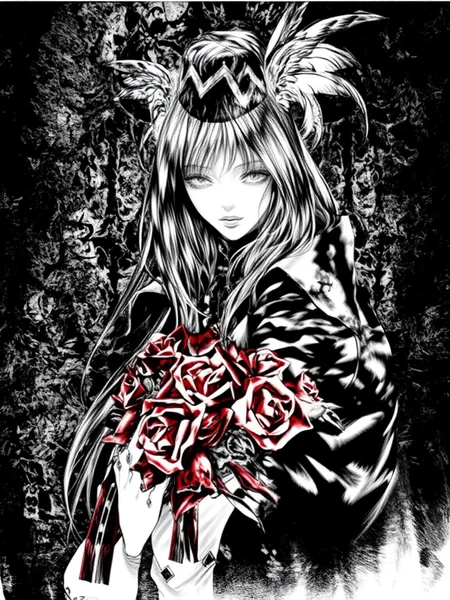By Ayami Kojima. A digital drawing in a monochrome manga style features an ethereal, pale-skinned, silver-haired figure with long, flowing hair, partially covered by a winged hat trimmed with feathers, and an elaborate tattered coat. The serene figure carries a bouquet of vibrant red roses, creating a striking contrast against the dark, shadowy background filled with menacing foliage, evoking a gothic ambiance. The figure has an air of mystery and elegance.