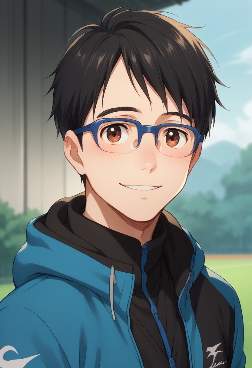 score_8_up, score_7_up, source_anime, highly detailed, 
yurikatsuki, 1boy, male focus, glasses, black hair, brown eyes, blue-framed eyewear, solo,
hood, track jacket, jacket, upper body, smile, blush
outdoor,