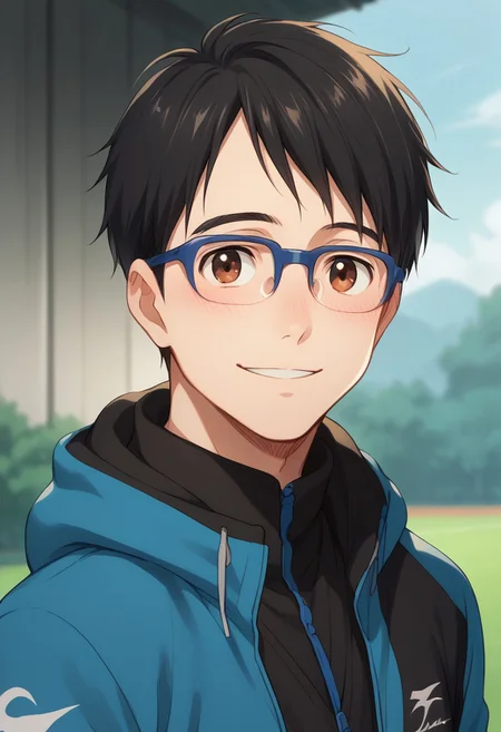 score_8_up, score_7_up, source_anime, highly detailed, 
yurikatsuki, 1boy, male focus, glasses, black hair, brown eyes, blue-framed eyewear, solo,
hood, track jacket, jacket, upper body, smile, blush
outdoor,