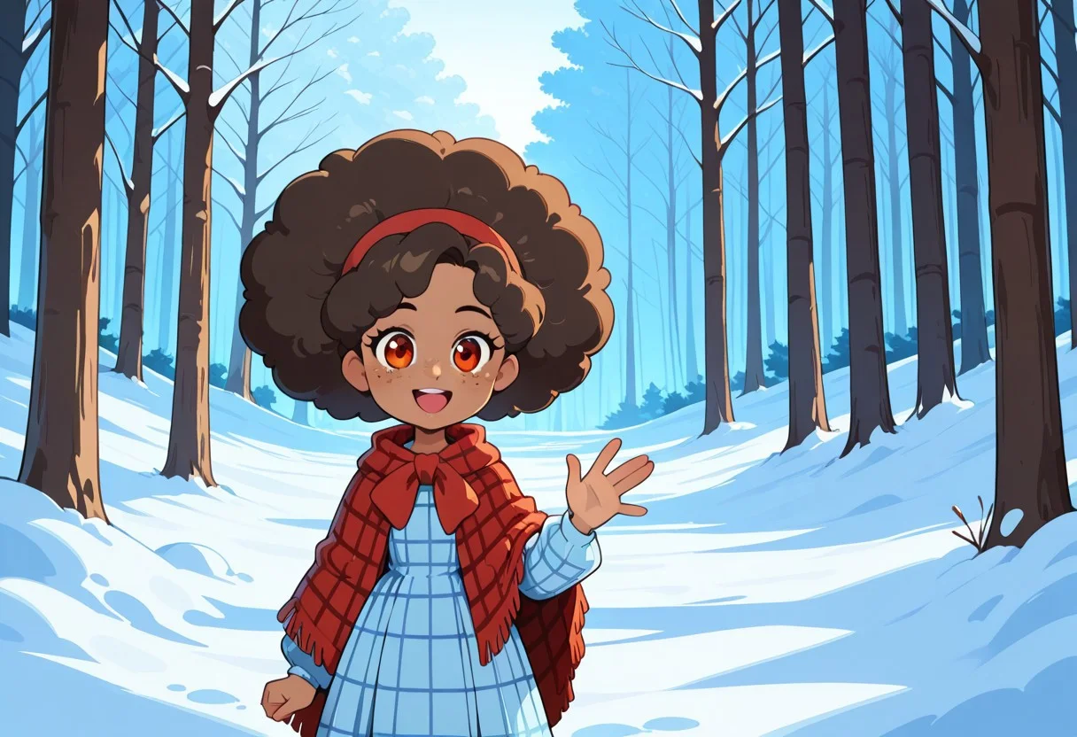 solo focus, 1girl, Lorelai, black hair, orange eyes, dark-skinned female, freckles, big hair, afro, African female, short, shortstack, flat chest, plush lips, dark skin, brown skin, outdoors, forest, winter, snow, red plaid cloak, blue plaid dress, shawl, long dress, looking at viewer, waving, smiling, red hairband, open mouth