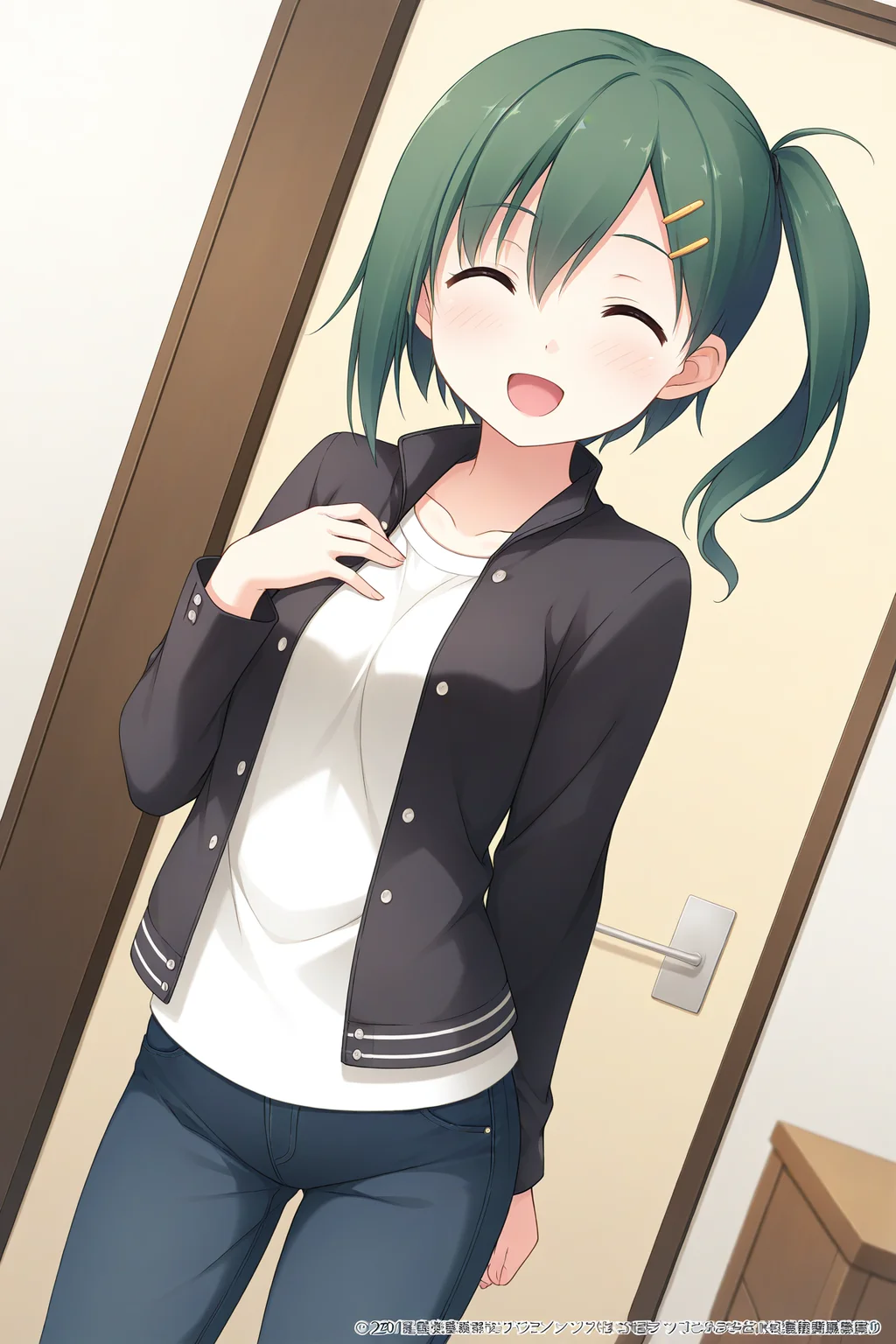 masterpiece, best quality, absurdres, official art, official style, rating general BREAK <lora:enomotokaho_IL_v1-1:0.7>, enomoto kaho, 1girl, solo, yellow eyes, brown eyes, green hair, short hair, hairclip, hair between eyes, side ponytail, small breasts, casual, collarbone, black jacket, long sleeves, buttons, open jacket, unbuttoned, white t-shirt, pants, denim, jeans, closed eyes, open mouth, blush, :d, ^o^, facing viewer, happy, standing, cowboy shot, indoors, blurry, depth of field, gradient, hand on own chest, dutch angle
