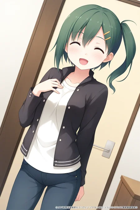 masterpiece, best quality, absurdres, official art, official style, rating general BREAK <lora:enomotokaho_IL_v1-1:0.7>, enomoto kaho, 1girl, solo, yellow eyes, brown eyes, green hair, short hair, hairclip, hair between eyes, side ponytail, small breasts, casual, collarbone, black jacket, long sleeves, buttons, open jacket, unbuttoned, white t-shirt, pants, denim, jeans, closed eyes, open mouth, blush, :d, ^o^, facing viewer, happy, standing, cowboy shot, indoors, blurry, depth of field, gradient, hand on own chest, dutch angle