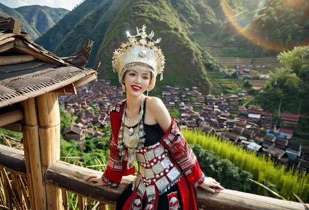 (21yo chinese cougar is living at home in her (red black sexy hmong cloth in a bamboo hut in thailand:1.2) , breathtaking view from a high vantage point overlooking a Hmong village nestled in a beautiful natural valley , (35mm, F/2.8) (insanely detailed and intricate, character, hypermaximalist, elegant, beautiful, revealing, appealing, attractive, amative , hyper realistic, super detailed, halo,  reflections) smiling, (curvy body:1.2), toned body,  pale skin , (lens Flare:1.3) , (god rays:1.2) , smiling at viewer (eye liner and lipstick) , body like gravure japan ,  (random camera angle , portrait : 1.4) , full and healthy figure , The clothing should enhance her silhouette , subtle hint of bare shoulder , halo ,
