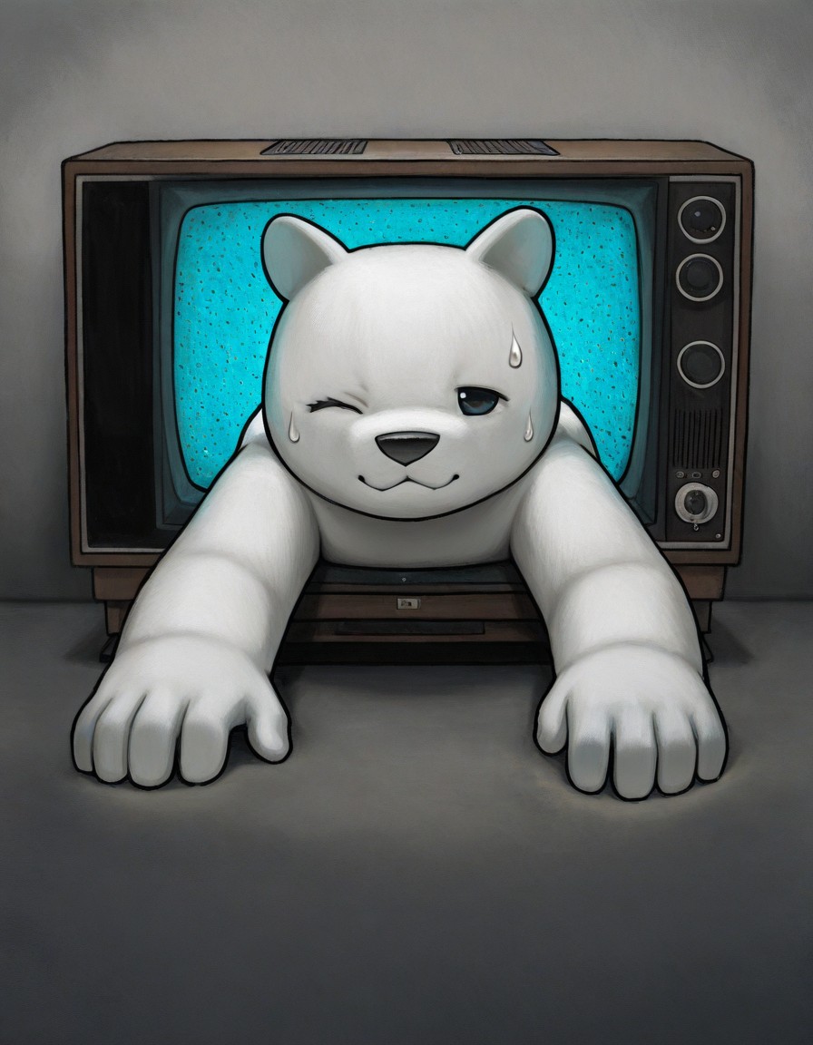lukch, bear, (solo), close-up, cowboy shot, no humans, (through_medium), television background, static background, (foreshortening), crawling, reaching towards viewer, flying sweatdrop, wince, :3, looking at viewer, masterpiece, best quality, very aesthetic, absurdres, safe