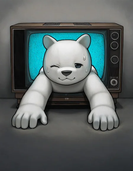 lukch, bear, (solo), close-up, cowboy shot, no humans, (through_medium), television background, static background, (foreshortening), crawling, reaching towards viewer, flying sweatdrop, wince, :3, looking at viewer, masterpiece, best quality, very aesthetic, absurdres, safe