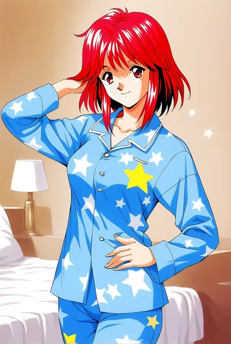 score_9, score_8_up, score_7_up, source_anime, rating_explicit, BREAK  <lora:Asahina_Yuko_XL:1> AsahinaYuko, red hair, medium hair, red eyes, bangs, sidelocks, breasts, solo,
1girl, solo, light blue pajamas, 1990s (style), 
star print, long sleeves, standing, star (symbol), long hair, smile
cowboyShot,
bed room,