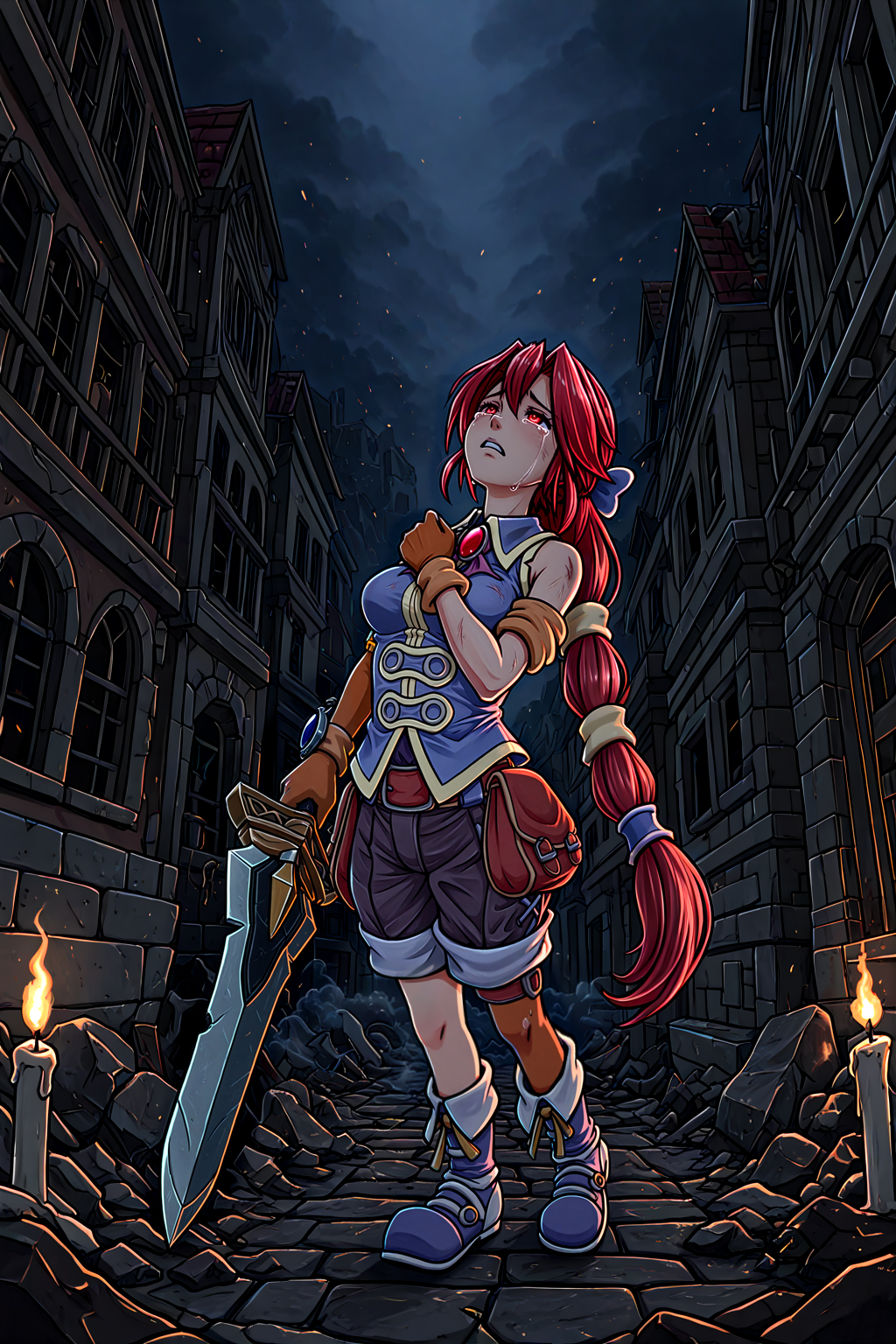 1girl, solo, Monica Raybrandt, tears, crying, gloves, looking away, walking a dark wasteland, hand over chest, injury, broken big long sword, big sword, torn clothes, leaning back, in pain, hand grip,  hostile environement, outside, fog, dark, spark of fire, depth of field, shadowcast, dynamic angle, black background, dust, glowing eyes, dynamic range, perspective, focus, motion, flinching, squinting eyes, broken down palace, future, nobelity scenery crashing down, flame, candles, flicker of fire, smoke, indoor, road, crakles, dramatic scene, 
best quality, highres, absurdres, masterpiece, high details, high quality, incredibily absurdres
pointing sword at viewer, pointing at viewer, arm at viewer, monica raybrandt, 

