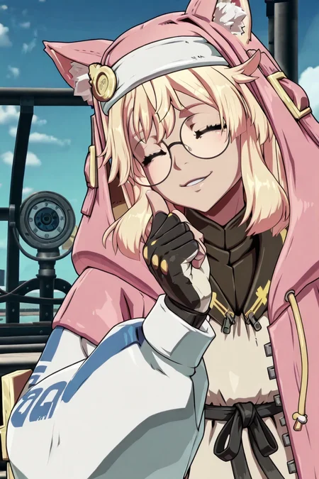 shiny skin, posing,
<lora:bridget.il:1>,
bridget,
glasses, cat ears, 
pink hoodie, looking at viewer, smile, closed eyes, head tilt,