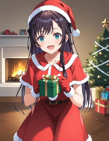 score_9, score_8_up, score_7_up, source_anime, BREAK
1girl, solo, looking at viewer, fireplace, snow, christmas, happy, open mouth, indoors,
alina clover (girumasu), long hair, multicolored hair, black hair, purple hair, swept bangs, black hair ribbon, single braid, blue eyes, (green eyes:0.8),
<lora:santa-costume-ponyxl-lora-nochekaiser:1>, santa costume, santa hat, christmas, merry christmas, gift, fur-trimmed headwear, holding sack, santa dress, fur-trimmed dress, christmas tree, fur trim, red capelet, gift box, red gloves, fur-trimmed capelet, santa gloves, red hat, hat, presenting gift, leaning forward, gift box, <lora:alina_clover-girumasu_s1-pxl-anime-soralz:1>
