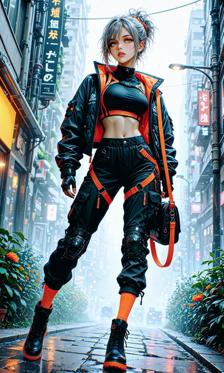 masterpiece, best quality, amazing quality, very aesthetic, absurdres, newest
high-quality street fashion photography, dynamic angle, side view
young woman, pronounced feminine features, edgy techwear style, dynamic poses, sexy pose, hips slightly turned, walking
black jacket, sports bra, black cargo pants with harness details, high-top black combat boots, bright orange socks, orange crossbody bag, matching orange straps, layered accessories, messy hairstyle, grey hair, intense gaze
combination of concrete urban environment and lush vegetation, soft natural lighting, neutral tones with orange accents
soft and diffused, balanced contrast, natural daylight, contour light, subtle highlights on textures
btiflgrlsnrv4, in the style of cknc, in the style of ck-rw <lora:spo_sdxl_10ep_4k-data_lora_webui:0.8> <lora:reij-detaILer v2:0.4> <lora:Beautiful_Girls_V4:0.8> <lora:ck-nc-cyberpunk-IL-000011:0.4> <lora:ck-neon-retrowave-IL-000012:0.3>