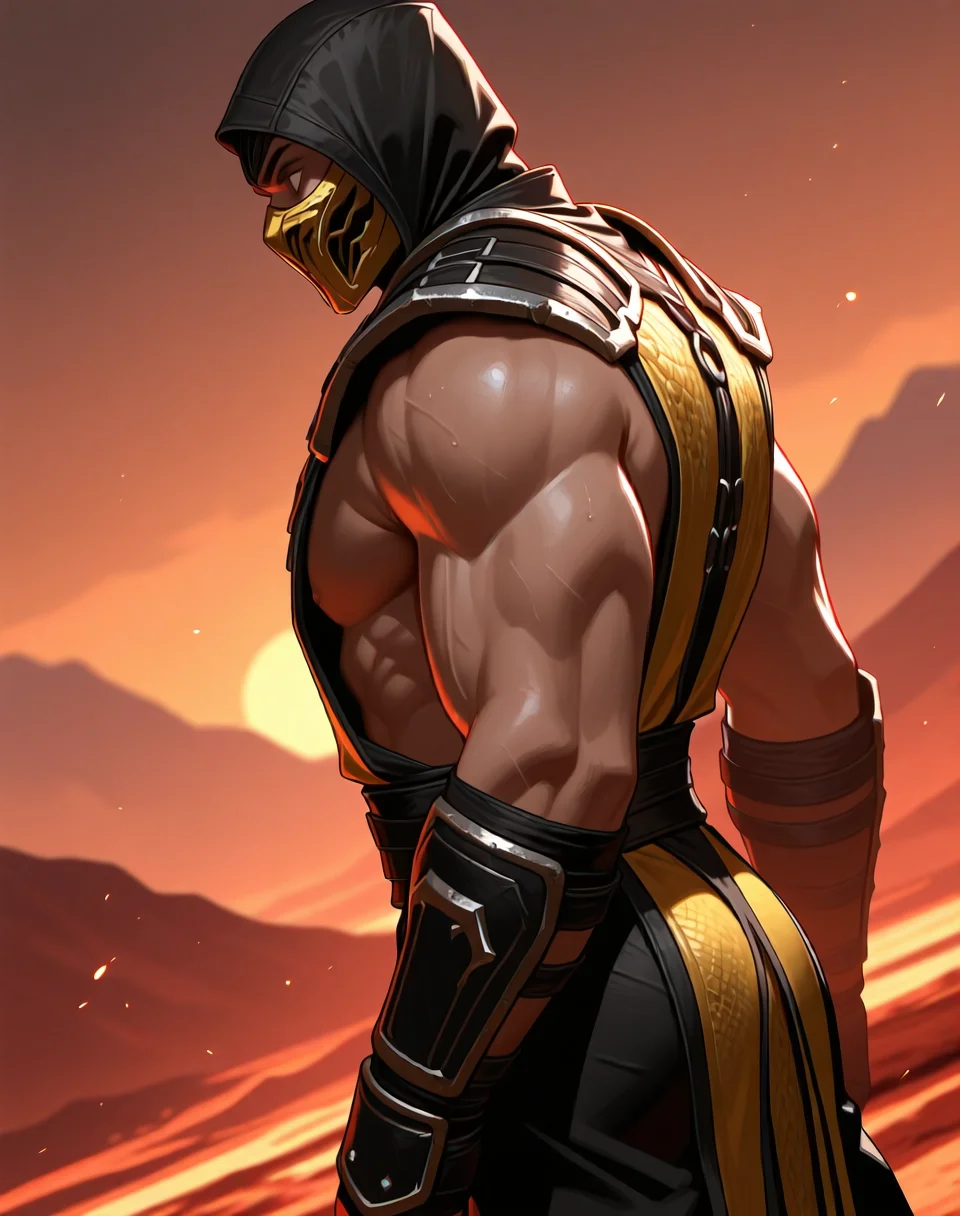 <lora:Scorpion_(Mortal_Kombat)_(Illustrious)_(AD):1> Scorpion_MK, muscular, Mortal Kombat, 
dutch angle, exterior, volcanic landscape, hellish underworld, 
male chest focus, gradient coloring, villain, leather ninja armor, ninja headwear, side view, butt, 
BREAK very awe, aesthetically pleasing, masterpiece, best quality, amazing quality, very aesthetic, perfect depth of field shot, in'ei,
Smooth Quality, lazympos, IllustQualXL_Pos,