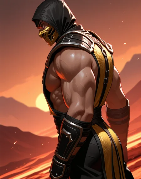 <lora:Scorpion_(Mortal_Kombat)_(Illustrious)_(AD):1> Scorpion_MK, muscular, Mortal Kombat,
dutch angle, exterior, volcanic landscape, hellish underworld,
male chest focus, gradient coloring, villain, leather ninja armor, ninja headwear, side view, butt,
BREAK very awe, aesthetically pleasing, masterpiece, best quality, amazing quality, very aesthetic, perfect depth of field shot, in'ei,
Smooth Quality, lazympos, IllustQualXL_Pos,
