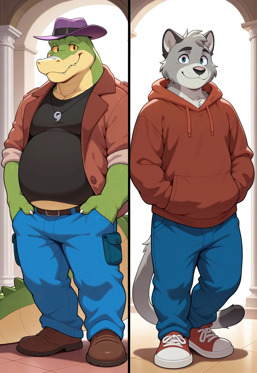 masterpiece,best quality,amazing quality,column lineup, 2boys, duo, clothing, domestic_cat, feline, graff_filsh,big black nose, grey_body,solo,grey_fur,furry, tail, smile, looking at viewer, detailed eyes,pants, hoodie, blue eyes, nice eyes, BREAK ,
masterpiece,best quality,amazing quality,
brok, furry, 4_fingers, alligator, necklace, shirt, purple hat, headgear, male, pants, reptile, slightly_chubby,(detailed eyes), (yellow sclera), (nice eyes)
