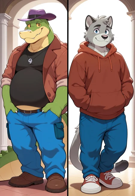 masterpiece,best quality,amazing quality,column lineup, 2boys, duo, clothing, domestic_cat, feline, graff_filsh,big black nose, grey_body,solo,grey_fur,furry, tail, smile, looking at viewer, detailed eyes,pants, hoodie, blue eyes, nice eyes, BREAK ,
masterpiece,best quality,amazing quality,
brok, furry, 4_fingers, alligator, necklace, shirt, purple hat, headgear, male, pants, reptile, slightly_chubby,(detailed eyes), (yellow sclera), (nice eyes)