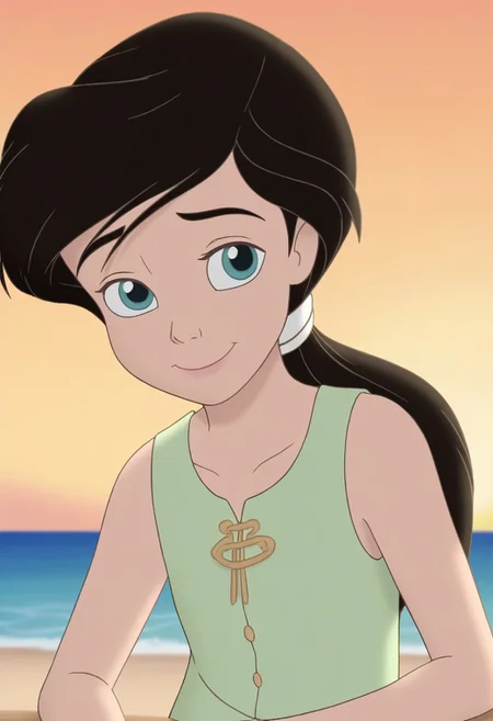 close up,melody,aqua eyes,thick eyebrowns,black hair,ponytail,smile,closed mouth,white hairband,arms down,green undershirt,sleeveless,one sleeve,sea,yellow sunrise beach background