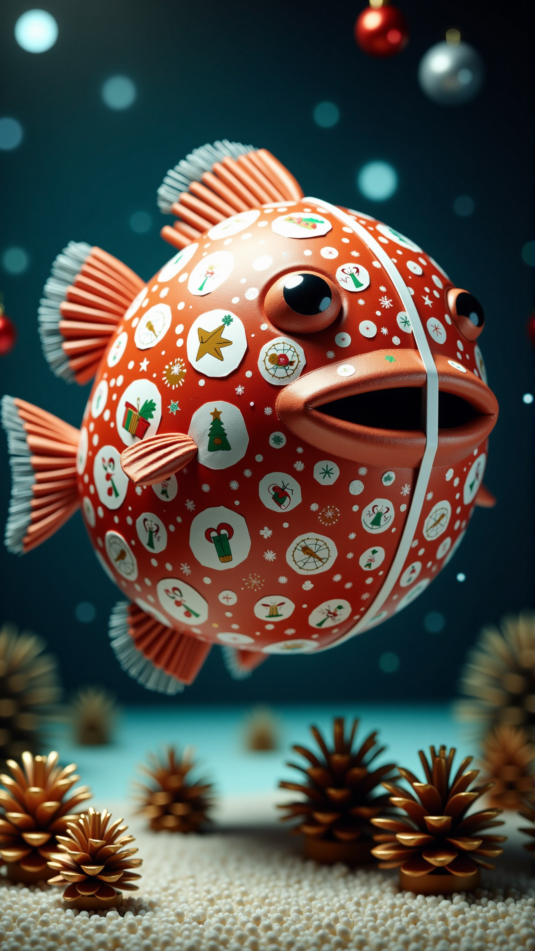 A professionally shot photography of a ChristmasWrapped Pufferfish. It is entirely wrapped up in christmas wrapping paper.
<lora:ChristmasWrappedFlux:0.9>