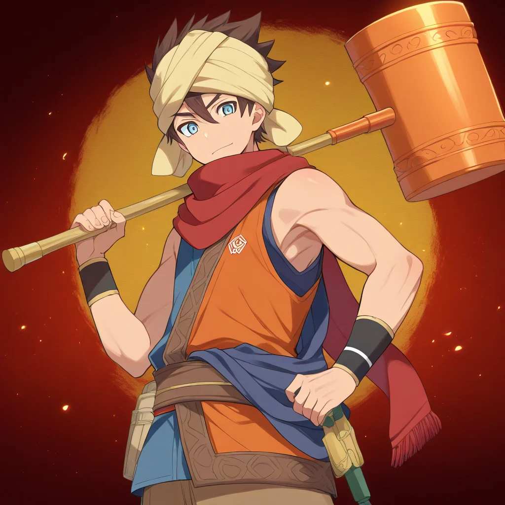 <lora:Baku_Omori:1>,baku omori,baku omori\(craftsman\),1boy,male focus,solo,hammer,red scarf,yellow turban,white bib,over shoulder,wristband,orange sleeveless_shirt,blue shirt,cowboy shot,masterpiece,high score,great score,absurdres,
