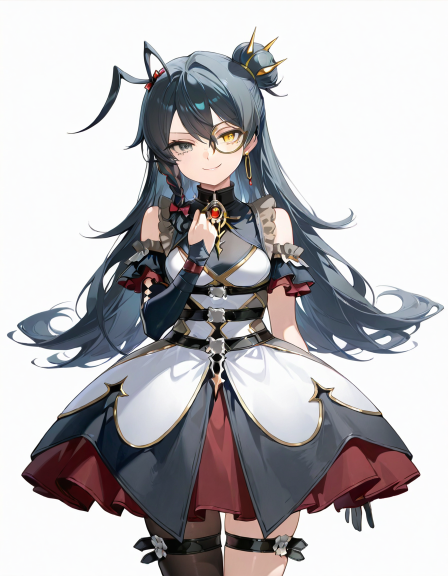 Volumetric Lighting, (masterpiece), (best quality), (ultra-detailed), masterpiece, source_anime, score_9, score_8_up, score_7_up BREAK, illustration, disheveled hair, detailed eyes, perfect composition, moist skin, intricate details, detailed eyes, detailed face, detailed fingers BREAK, Darture, black hair, single bun, antenna hair, single braid, heterochromia, grey eye, yellow eye BREAK, Darturedef, def_layered_dress, def_hair_ornament, def_hair_bow, def_brooch, def_belts,black belts, def_gloves, def_monocle, def_uneven_sleeve, uneven legwear, def_thigh_strap, def_earrings, def_single_leg_pantyhose, def_shoes, def_single_earring, black dress,single glove BREAK, ((white background)), looking at viewer, smile, upper body, hand up,smirk