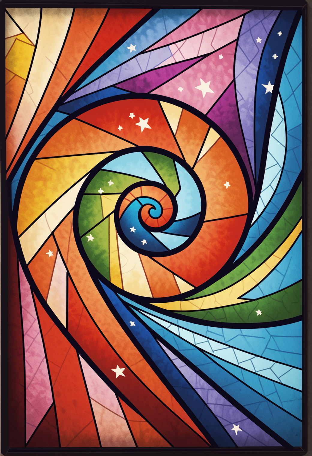 pointillism patterns, asymmetric colored pencil sketch, polygonal happiness, vibrant complimentary colors, bold lines, [[[swirl]]], (stained glass effect)