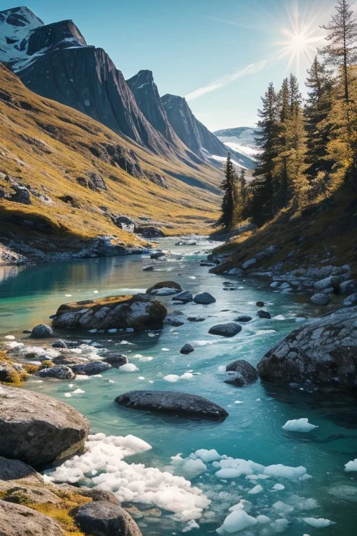 RAW photo, Greenland, delicate nature, wild nature, picturesque scenery, pristine vegetation, calm sky, majestic landscape, enchanting atmosphere, icy river, sunlight illuminates the icy water, photorealistic, masterpiece, 64k, UHD, ultra detailed, vivid colors, high quality, sharp focus