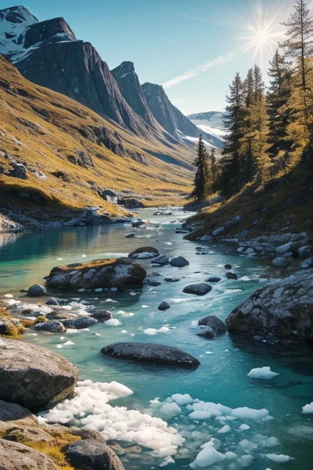 RAW photo, Greenland, delicate nature, wild nature, picturesque scenery, pristine vegetation, calm sky, majestic landscape, enchanting atmosphere, icy river, sunlight illuminates the icy water, photorealistic, masterpiece, 64k, UHD, ultra detailed, vivid colors, high quality, sharp focus